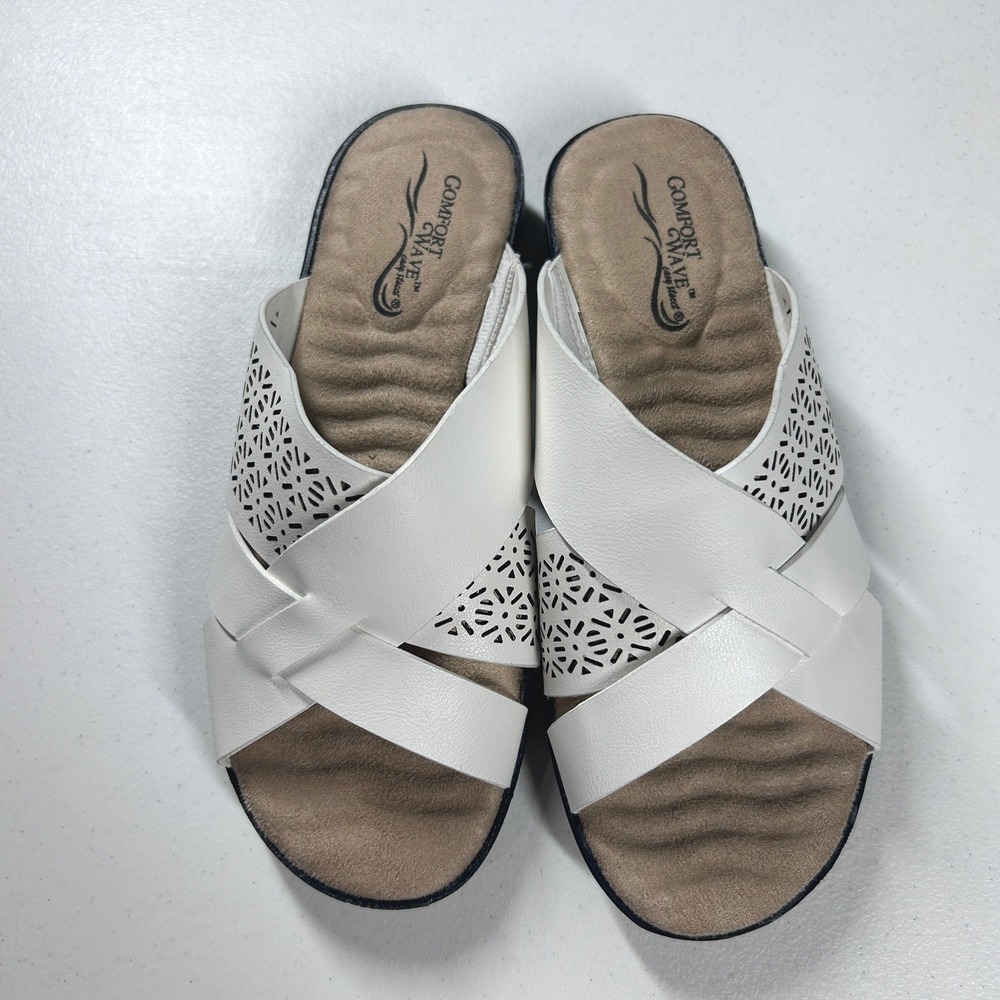 Comfort‎ Wave Easy Street White Laser Cut Crossover Wedge Slides Sandals 6M NEW